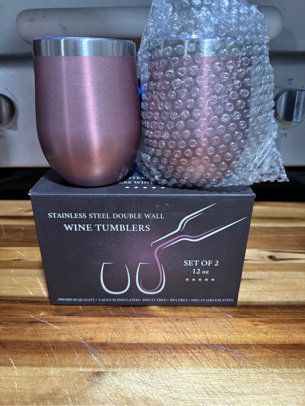 Double-Wall Rose Pink Stainless Steel Wine Tumbler - Set of 2